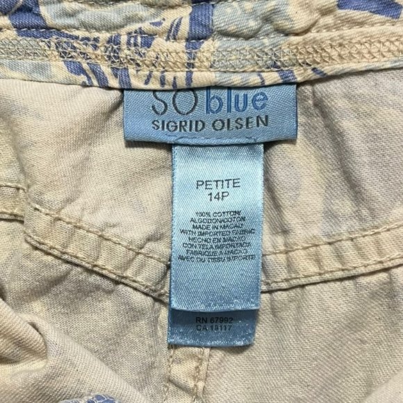 Sigrid Olsen So Blue Cropped Pants Womens Size 14P Blue White Flower 100% Cotton - Picture 3 of 9